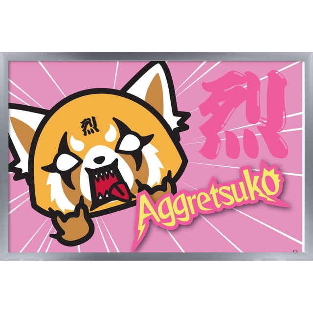 Aggretsuko - Affiche Murale de Cornes, 14,725 Pouces x 22,375 Pouces Présente un panda Roux de Dessin Animé Orienté vers l'Avant avec une Fourrure orange et Blanche, des Yeux Blancs avec des Marquages Noirs, et un Symbole kanji Noir sur Son Front. le Personnage a une Bouche Ouverte avec des Dents Tranchantes et une Langue Extérieure, Faisant un Geste de Main rock. le Fond Rose a des Lignes Radiales Blanches et de Grands Personnages Japonais Roses, avec le logo « Aggretsuko