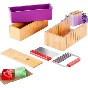 KFFKFF Soap Creation Set, Bamboo Slicing Container and Inner Case with Silicone Mould, Stainless Steel Linear and Curved Cutters, 100 Pouches and 105 Labels, Soap Crafting Equipment DIY Sets