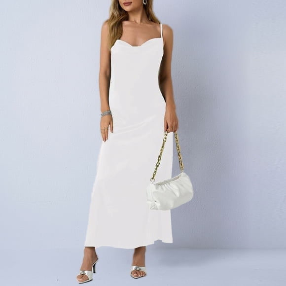 Mceream Women's Ruched Bodycon Midi Dresses Spaghetti Strap Long Slip Satin Silk Midi Dress Backless Evening Party Wedding Guest Cocktail Dress White S