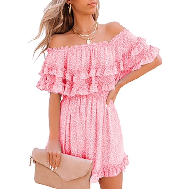 Women‘s Summer Off Shoulder Dress Pleated Flowy Neck Belt Printed Dress