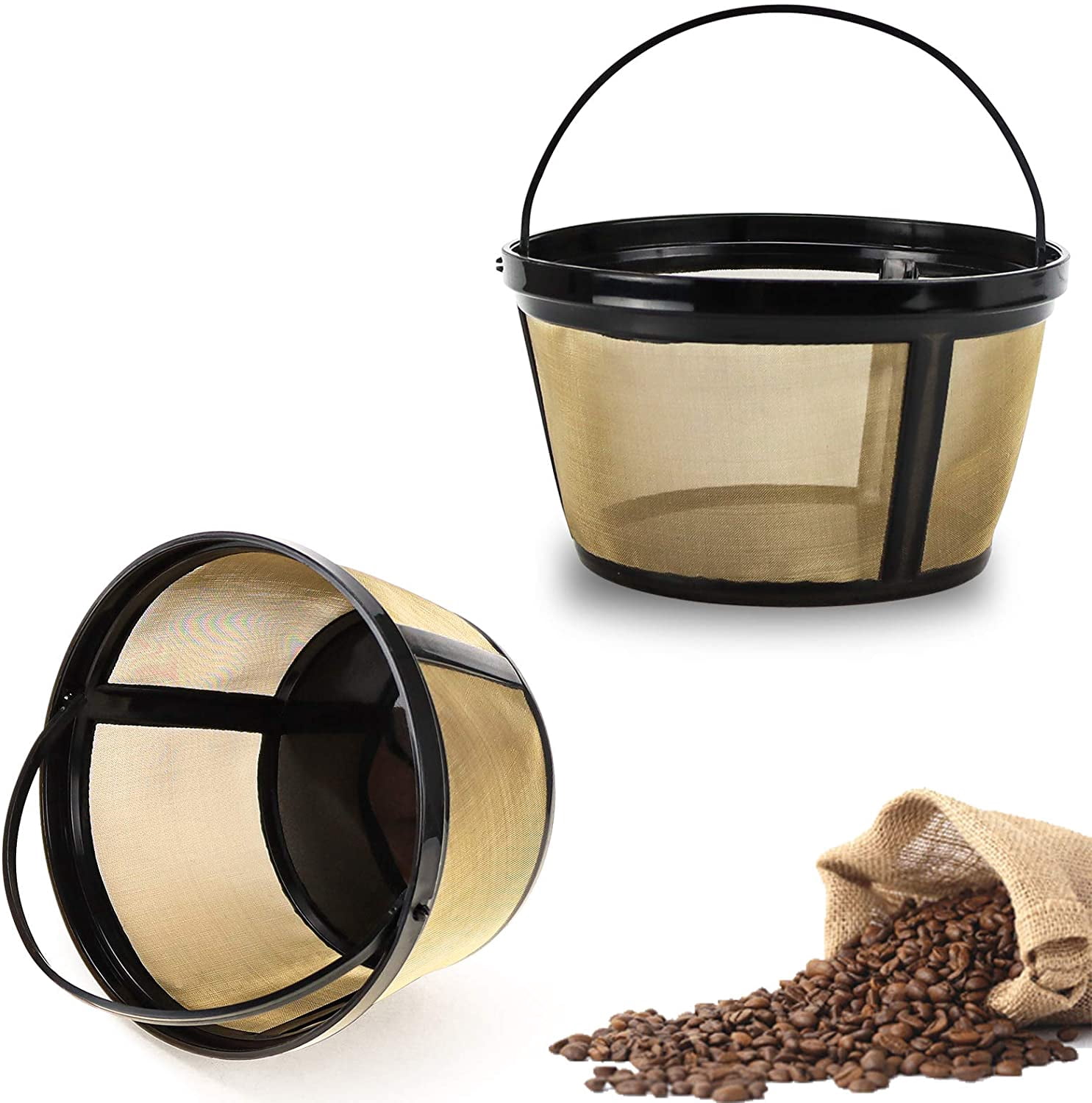 Filtre à Café Réutilisable, Ensemble de 2 Filtres à Café Panier Filtre à Café de Remplacement pour 8-12 Tasses avec Fond en Maille en Acier Inoxydable pour Cafetières et Cafetières