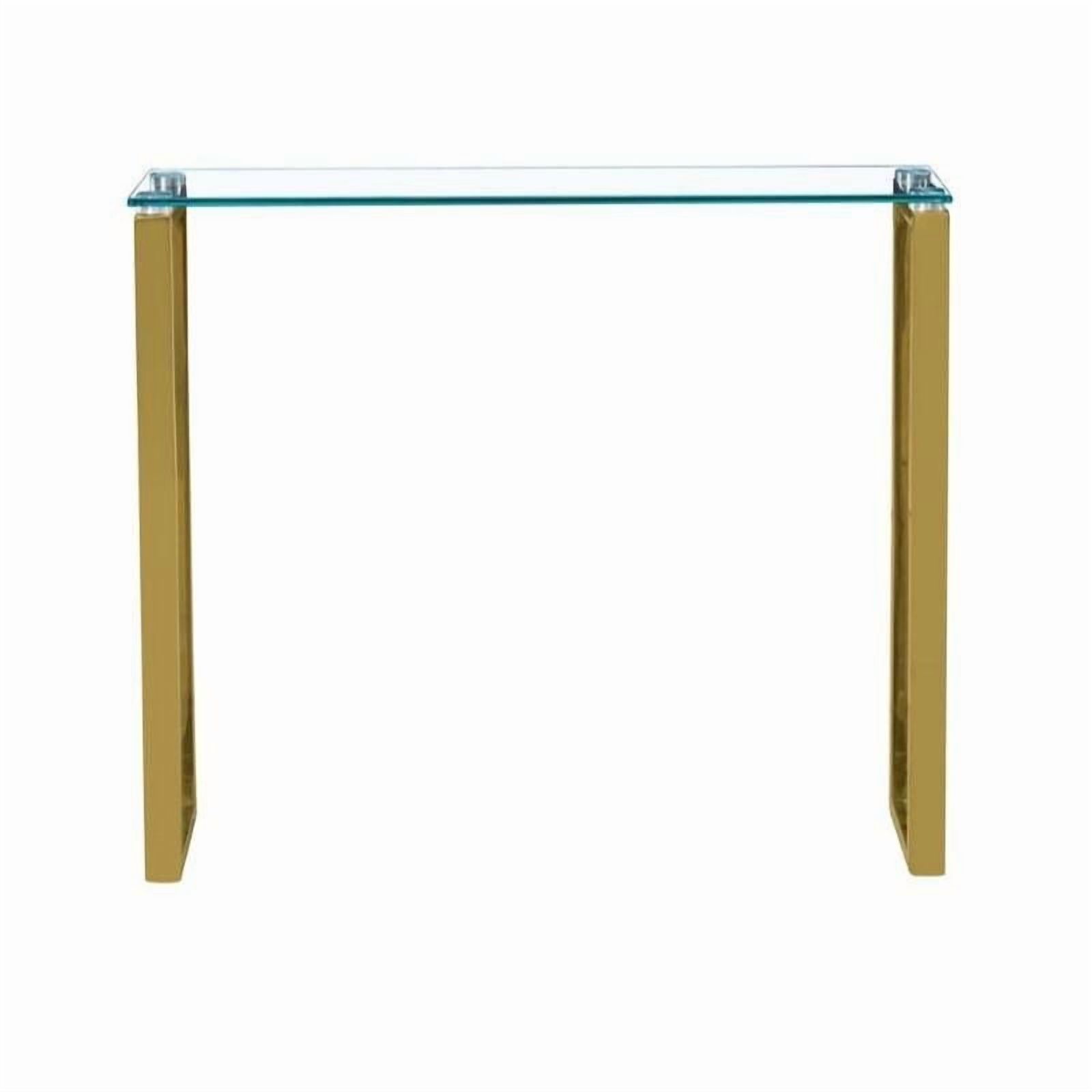 Table console Gyna de taille moyenne 8x36 avec plateau en verre et pieds dorés brillants pour entrée, couloir ou espaces de vie