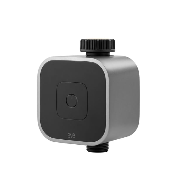 Eve Aqua - Smart Water Controller with Apple HomeKit technology, compact square device with matte silver body and black front panel featuring a power button and 'eve' logo, with black threaded connectors on top and bottom for hose and water outlet, designed for automated garden irrigation.