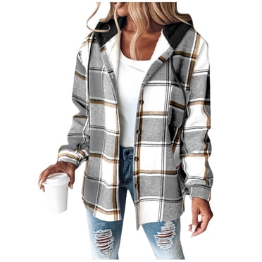 Fengqque Women's Sherpa Lined Flannel Shirt Jacket Cotton Plaid Fleece Button Down Jackets with Hood for Women Gray M(M)
