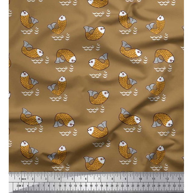Soimoi Brown Poly Georgette Fabric Waves & Fish Ocean Printed Fabric 1 Yard 52 Inch Wide