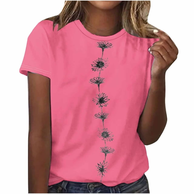 HWRETIE T-Shirt Imprimé pour Femmes à Col Rond, Manches Courtes, Haut Décontracté pour l'Été, Tenue Quotidienne
