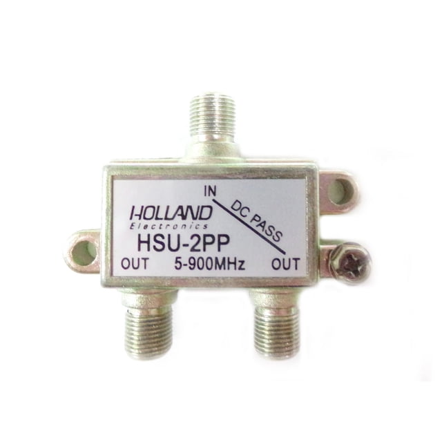 Splitter Bidirectionnel (5-900 MHz) à diode avec pass CC pour VTT, Splitter coaxial en Métal Orienté vers l'Avant avec Connecteurs à Trois Fils Étiquetés Entrée et Sortie, Modèle HSU-2PP, Convient à la distribution de Câbles et de Signaux et aux Connexions Coaxiales.