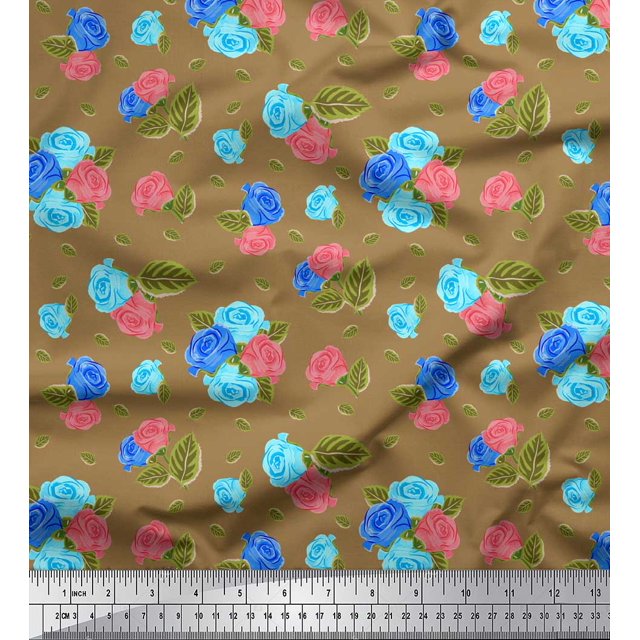 Soimoi Tissu en Coton Canard Feuilles & Roses Imprimés Floraux au Mètre 42 Pouces de Large