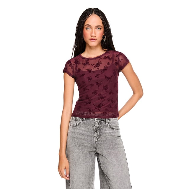 No Boundaries Women's Flocked Mesh Top