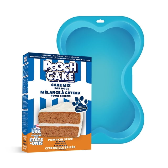 Pooch Creamery Ensemble de Départ de Base - Mélange à Gâteau à la Citrouille avec un Moule de Cuisson en silicone Bleu en Forme d'Os et une Boîte de Mélange à Gâteau pour Chien Aromatisé à la Citrouille avec Glaçage Blanc, Convient à la Cuisson au Four Ou aux Gâteries d'Anniversaire pour Chien au Micro-Ondes et aux Célébrations.