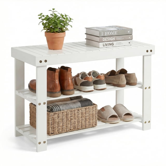 Modern Shoe Rack Bench for Mudroom – Entryway Storage Bench with Seating, Shoe Organizer for Hallway or Foyer – Sturdy White Furniture for Home Entrance
