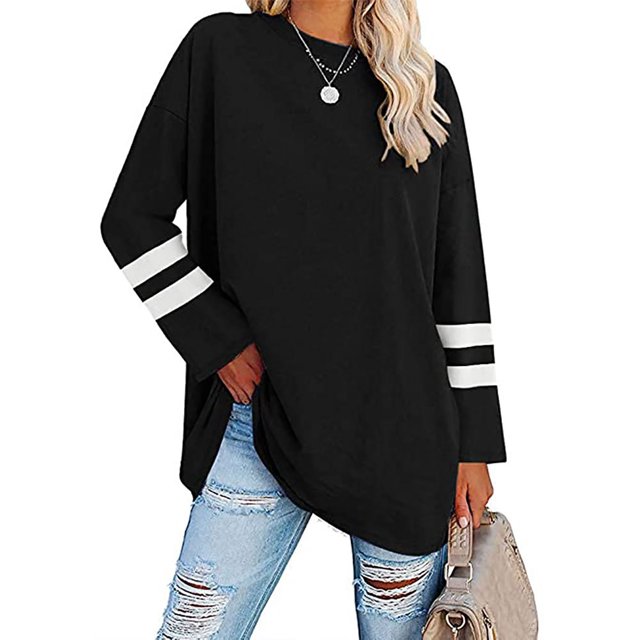 LUXUR T-shirt pour Femmes à Blocs de Couleur T-shirt à Manches Longues Tee Décontracté Hauts Col Rond Chandail Noir TG