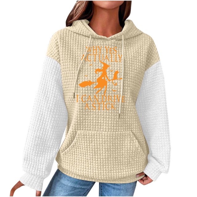 Rbaofujie Chandail à Capuchon pour Femmes Chandail Décontracté à Manches Longues à Col Rond Chandails pour Dames Hauts Blouse Chandail à Capuchon Uni Beige Chandail d'Halloween