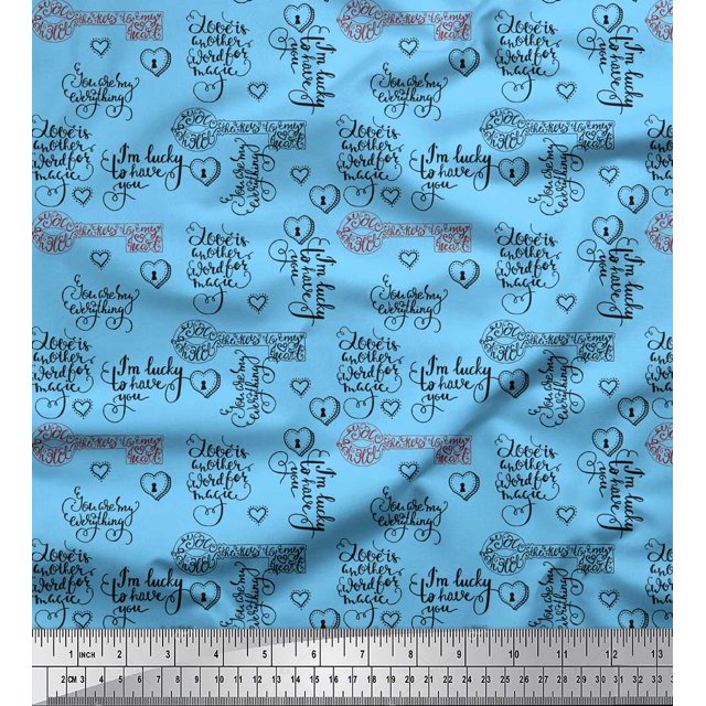Soimoi Blue Viscose Chiffon Fabric Positive Quotes & Heart Text Print Sewing Fabric Yard 42 Inch Wide