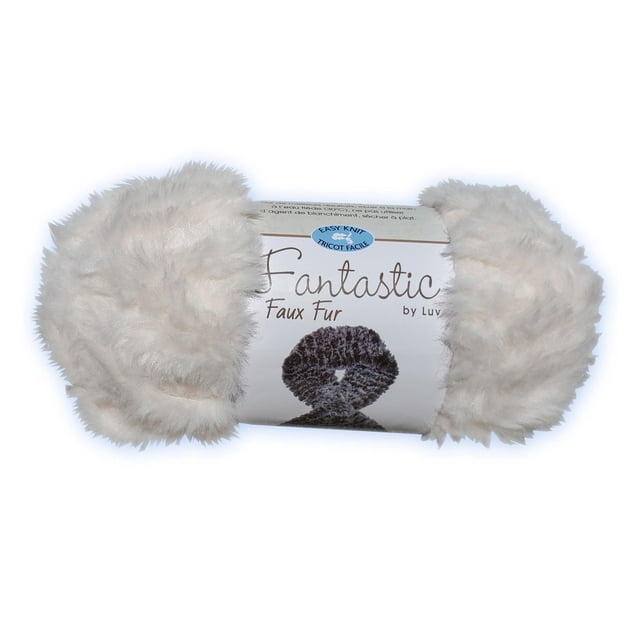 Fantastic Faux Fur IVORY yarn by Baby Luv shown in a close-up view, featuring soft, fluffy ivory polyester fibers wrapped with a label indicating easy knit and faux fur texture, suitable for knitting and crafting projects and often used to add texture to handmade accessories.