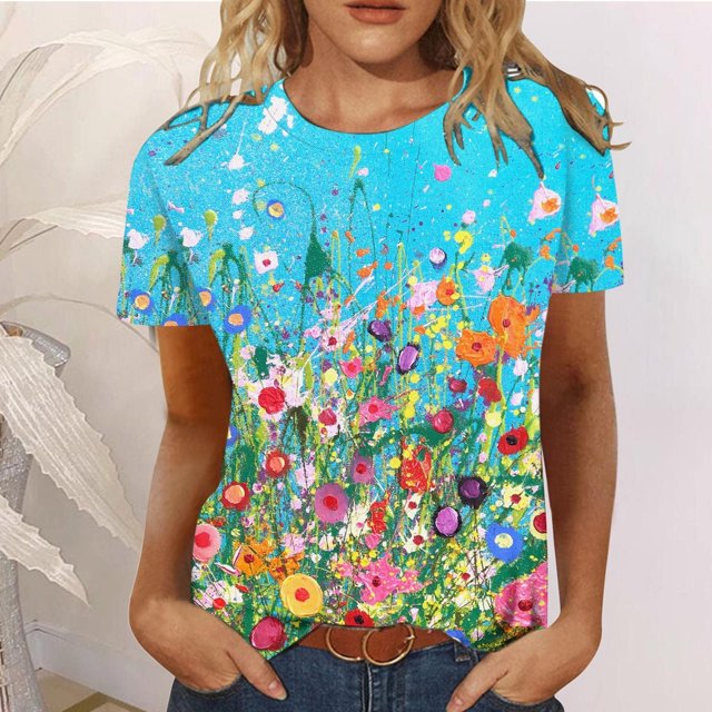 SMihono Hauts pour Femmes Été Décontracté Mode Imprimé Col Rond Manches Courtes Ample T-shirt Blouse Chandail Oversize T-shirt pour Femmes