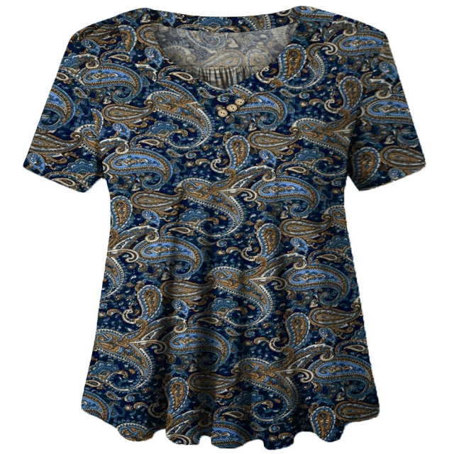 Woman Plus Size Short Sleeve Floral Blouses Henley T-Shirts V Neck Button Tunic Tops M-4xl