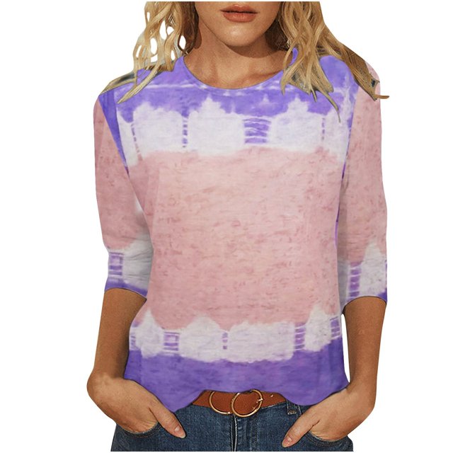 Pompotops T-shirt Imprimé Mode Femme Mi-Longueur Manches 3/4 Blouse Col Rond Manches Décontractées