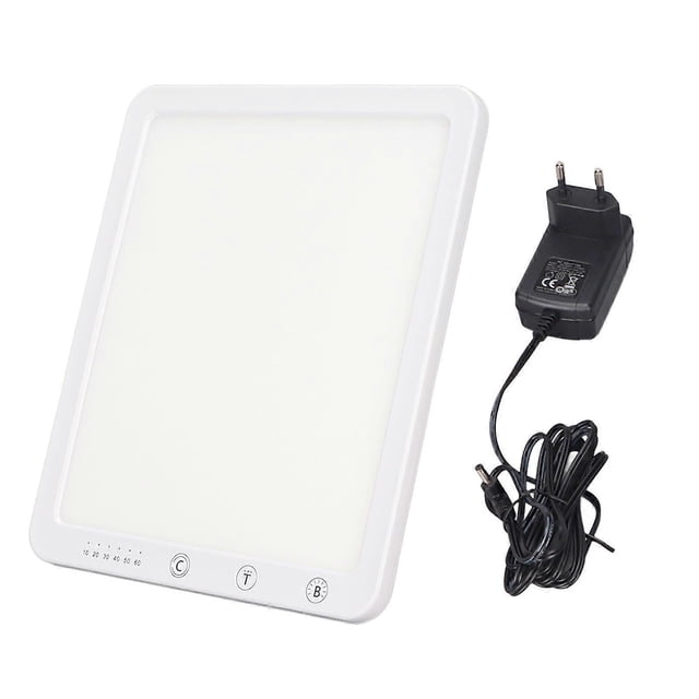 SAD Light Therapy Lamp 10000Lx with 3 color temperatures, timing modes, and a rectangular white LED panel designed to improve mood and treat seasonal affective disorder. Features control buttons for brightness and timing, and includes a power adapter with a cord for easy use. Compact and portable for home, office, or travel.