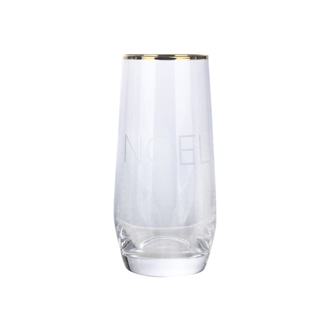 Holiday Time WW Noel Stemless Champagne Glass, 11oz, clear glass with a tapered rim, rounded wobble-free base, gold electroplated rim, and subtle NOEL engraving, suitable for champagne, prosecco, and festive drinks at celebrations.