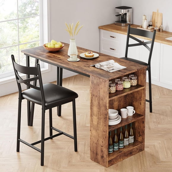 COZONY Dining Table Set for 2, Expandable Kitchen Bar Table and Chairs with 2 Upholstered Chairs and 3 Storage Shelves, Ideal for Small Apartments, Rustic Brown