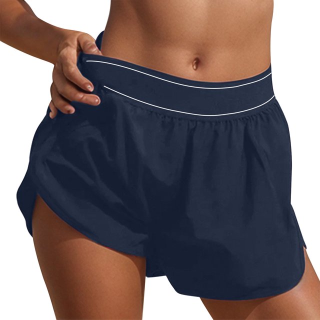 LOVZFMLL Womens Solid Color High Waisted Running Shorts With Pockets And Yoga Pants Dark Blue M