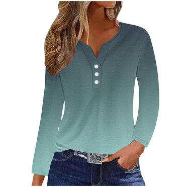 QIPOPIQ Femmes 2024 Manches Longues Col en V Boutonné Ample Décontracté Henley Tunique Hauts T-Shirt Mode Liquidation