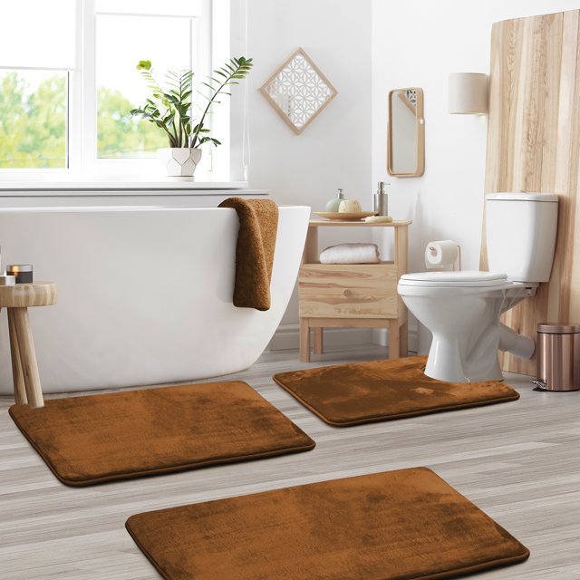 Set of 3 Clara Clark Bath Mat Bathroom Rug - Absorbent Memory Foam Bath Rugs - Non-Slip, Thick, Cozy Velvet Feel Microfiber Bathrug - Brown - Large 20"x32" - Small 17"x24" - Contour 24"x20"