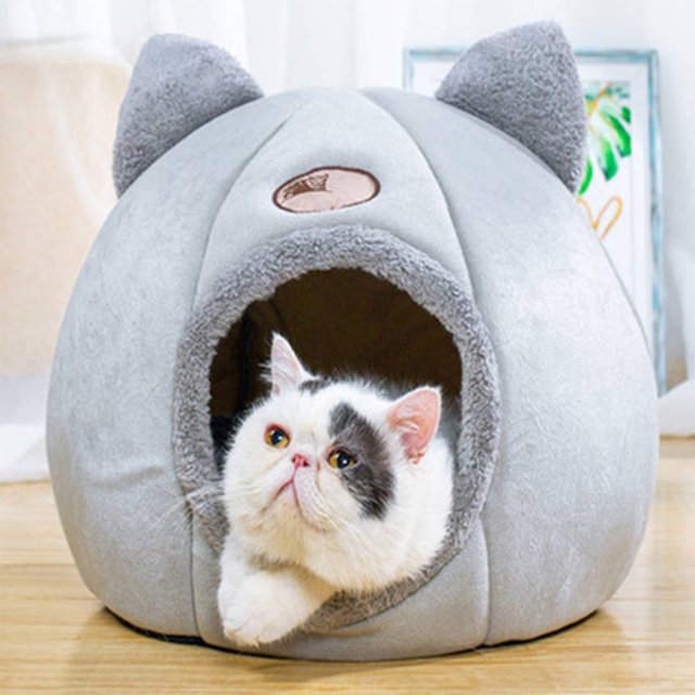 Cat Nest Cat Head Design Non-Slip Fabric Stuffed Kitty Cave for Outdoor