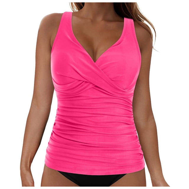 NIEWTR V-Neck Tankini Tops For Women Backless Adjusting Strap Bathing Suits Tummy Control Push Up Swimsuit Top(Hot Pink,S)