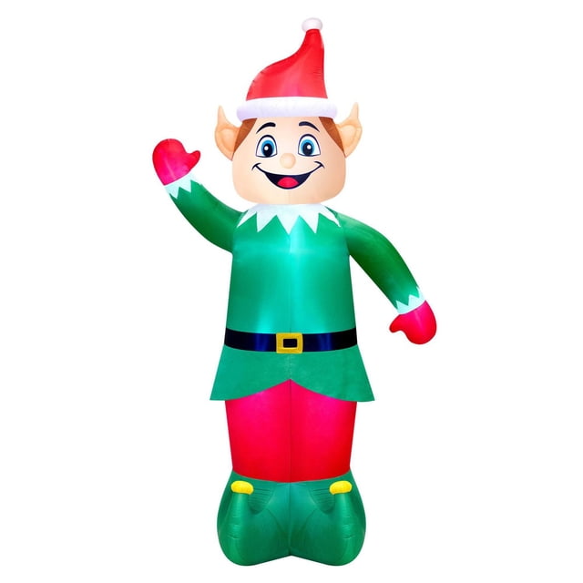 Occasions Noël Colossal Gonflable de 20 Pieds Elf Ondulant avec un Chapeau de Père Noël Rouge, Tunique Verte avec Col Blanc, Pantalon Rouge, Chaussures Vertes avec accents Jaunes, et une Ceinture Noire, Conçu comme Décoration Gonflable de Fête Extérieure, Debout et Ondulant d'Une Main.
