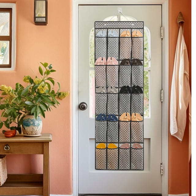 Hanging Shoe Organizer with 20 Pockets - Over Door Storage Rack for Shoes, Accessories & Toiletries - Large Capacity Non-Woven Fabric Organizer with Transparent Mesh Pockets