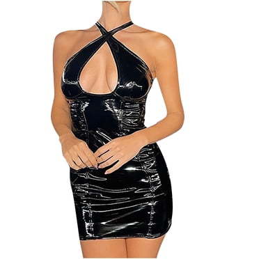 CEHVOM Robe Courte Moulante pour Femme, Aguichant, Col Rond, Unie, Imitation Cuir, Sans Manches, Robe de Soirée/Boîte de Nuit