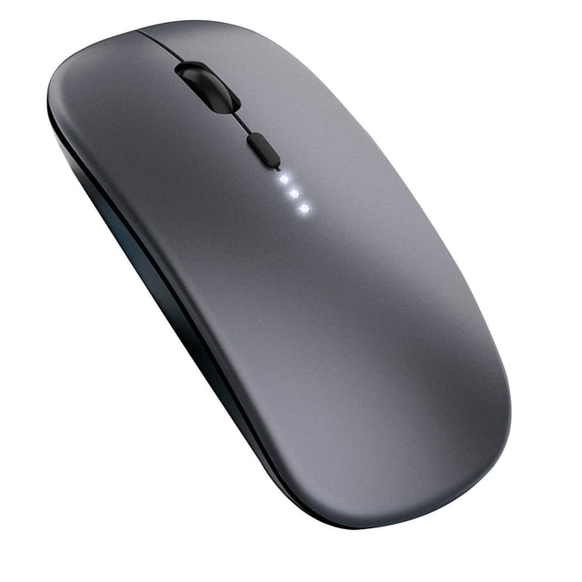 Fankiway Wireless Charging Mute Bluetooth Mode Mouse in grey, featuring 2.4G and Bluetooth 5.2 connectivity. This ergonomic wireless mouse has a compact design, silent buttons, and a power display with LED indicators. It supports charging while in use and is compatible with laptops, desktops, tablets, and mobile devices. Dimensions: 113x57x27mm, weight: 85g±5g, and resolution adjustable between 800-1200-1600dpi.