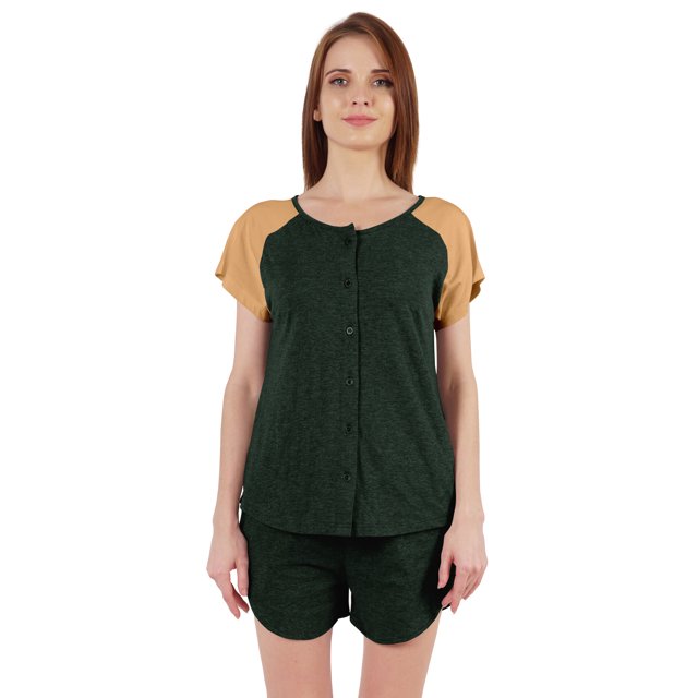 Inkmeso Solid 2 Pc Nightwear Set For Women Raglan Sleeves Button-Down Top & Shorts Sleepwear-39