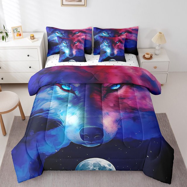 YST Wolf 7-Piece Comforter Set, Full Size, Safari Wildlife Glitter Stars Design