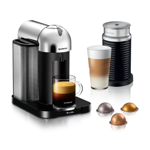 Machine à café et espresso Vertuo de Nespresso par Breville avec mousseur à lait Aeroccino, Chrome