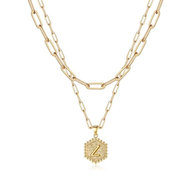 Colliers à Initiale Superposés pour Femmes, Collier Chaîne Trombone Simple Mignon Pendentif Lettre Hexagone Collier Ras-du-Cou à Initiale Colliers Superposés Dorés pour Femmes, ZGold