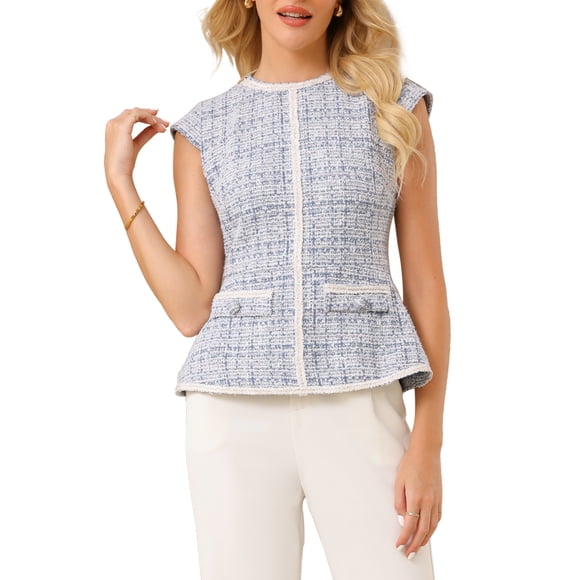 INSPIRE CHIC Women's Elegant Tweed Top Crew Neck Cap Sleeve Business Office Peplum Blouse Tops S Light Blue