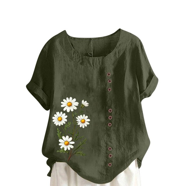 Pisexur Hauts pour Femmes, Chemisiers pour Femmes Chic Décontracté, Haut en Lin Décontracté pour Femmes à Col Rond Grande Taille Imprimé à Manches Courtes T-shirt Blouse Vert Armée, 2TG