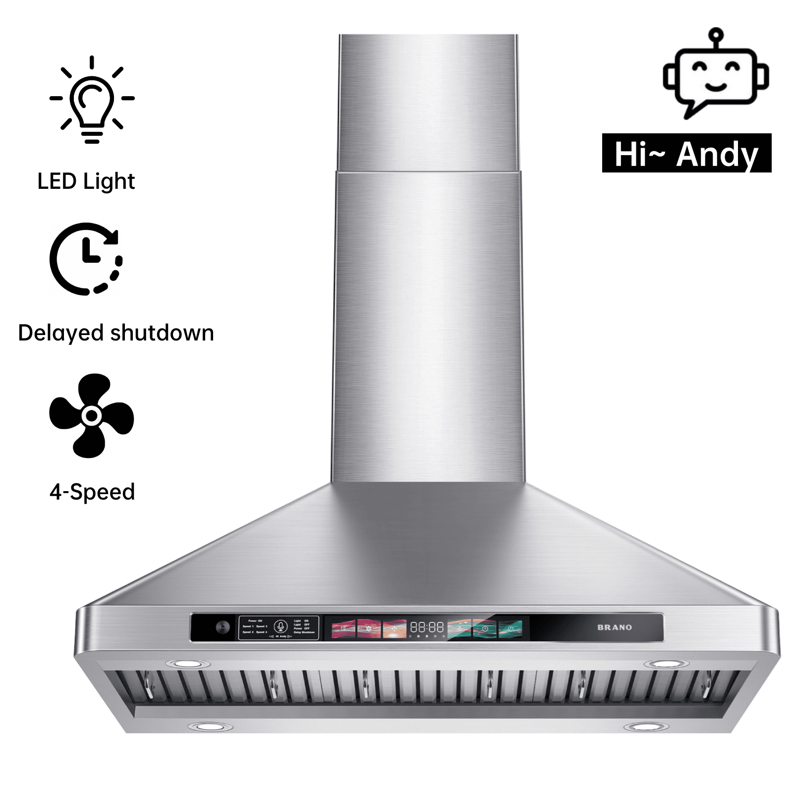 BRANO 36 Inch Range Hood Wall Mount 900 CFM Stainless Steel Kitchen Hood with Voice/Gesture/Touch Control