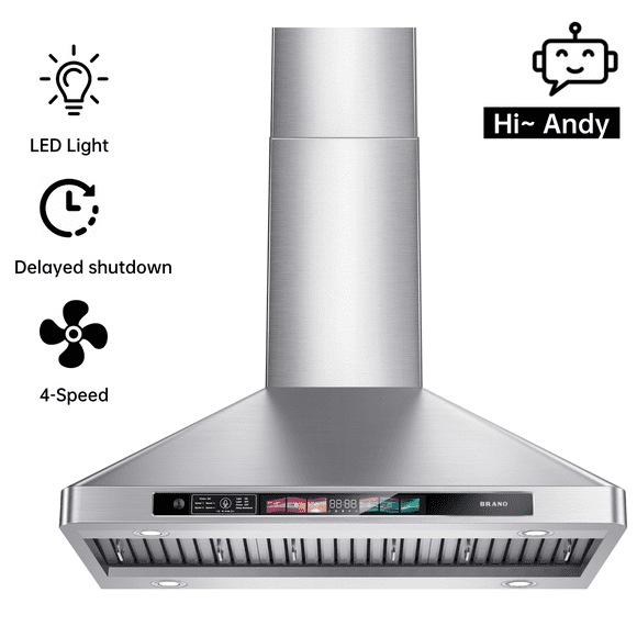 BRANO 36 Inch Range Hood Wall Mount 900 CFM Stainless Steel Kitchen Hood with Voice/Gesture/Touch Control