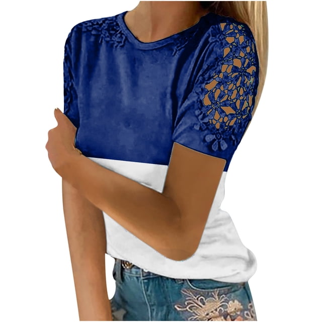 yoeyez T-Shirts pour Femmes en Dentelle à Manches Courtes Raglan Hauts Décontractés à Col Rond Chandail Mode T-Shirt Uni à Motif Floral Tenues d'Été 2025 Bleu Foncé TG