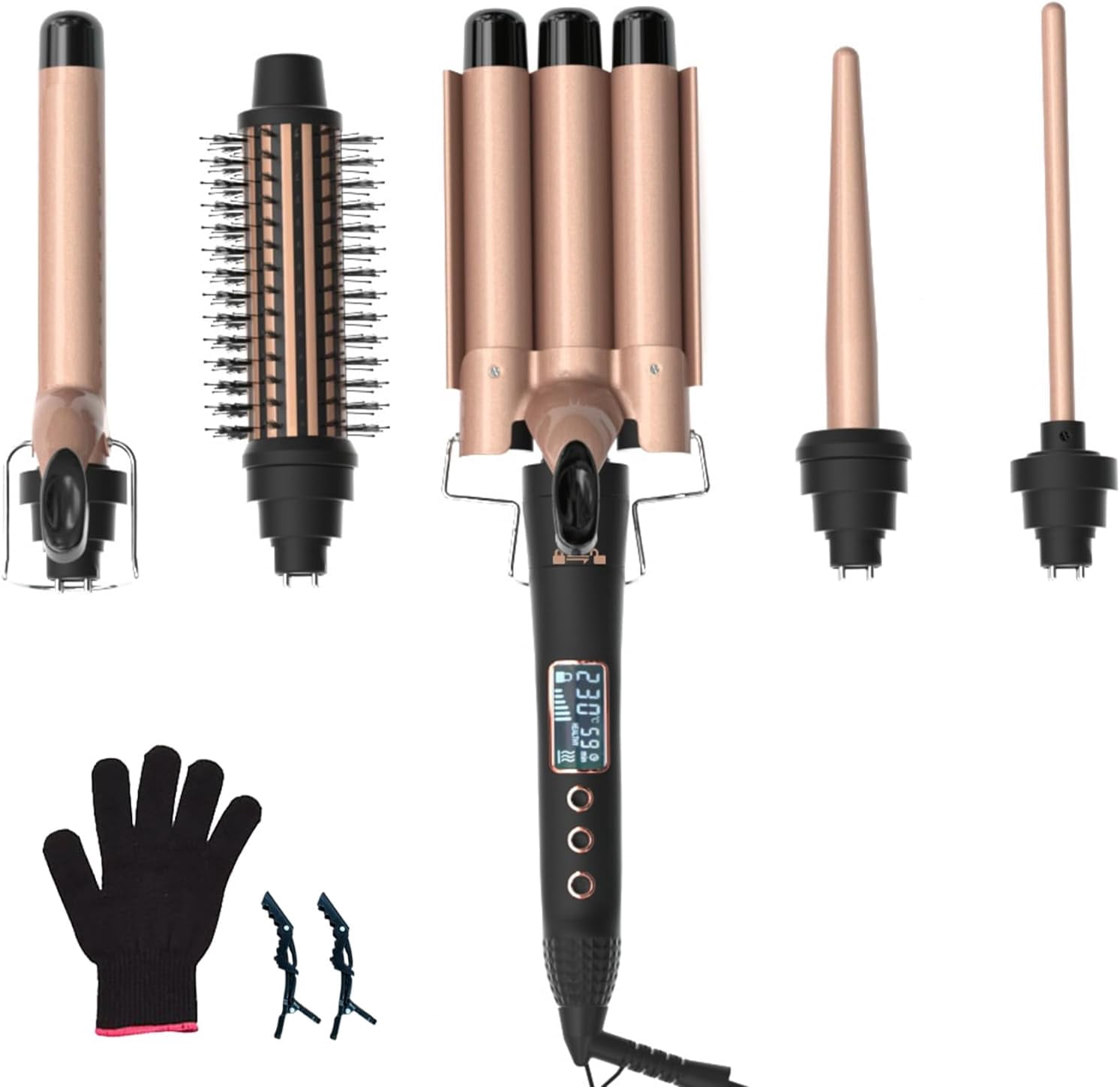 LAICAIW PTC Heating Curling Wand Hair Curler Set 3-Barrel 25mm Hair Waver 25mm Curling Wand Hair Waver 5-in-1 Curling Wand Set with LCD Screen 5-in-1 Hair Curler Set Hair Curling Iron Wand Hair