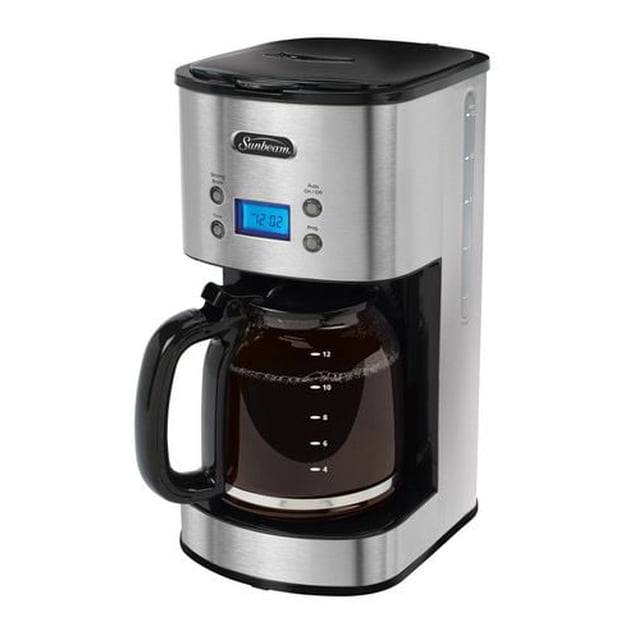 Sunbeam 12-Cup Programmable Coffee Maker in stainless steel with black accents, featuring a backlit LCD clock, delay brew and brew strength buttons, a glass carafe with 12-cup markings and black handle, plus a side water level indicator, ideal for drip coffee brewing in modern kitchens.
