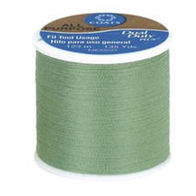 Coats & Clark All Purpose Polyester Thread spool in sage green, 123 meters long, suitable for hand and machine sewing on knits and woven fabrics, shown close-up with thread wound on a white plastic spool topped with a blue and white label, often used for sewing notions and accessories.