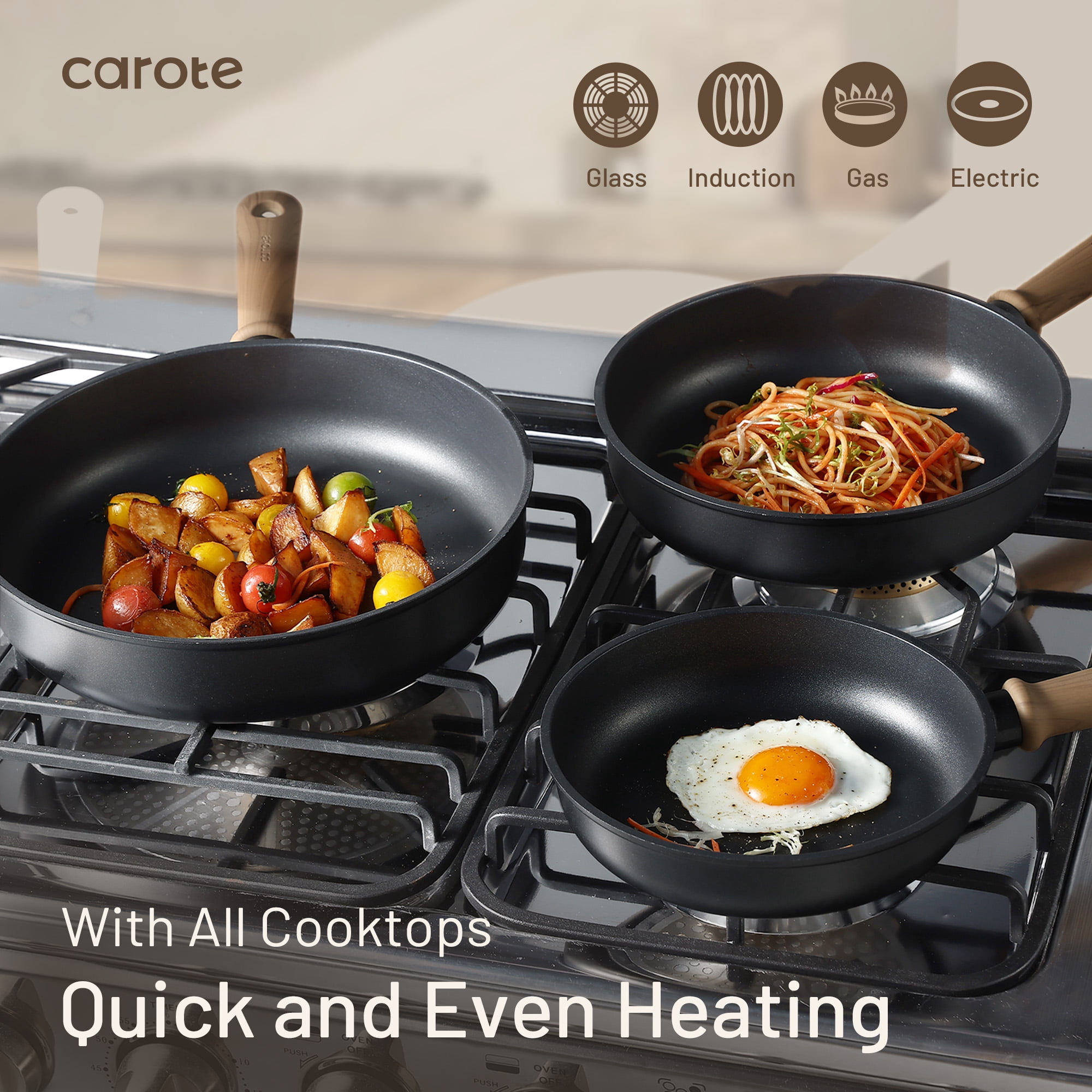 Poêle sauteuse antiadhésive en titane Carote avec couvercle, 28 cm (11") – Grande capacité 5L, compatible tous feux, y compris induction, passe au lave-vaisselle – Noir