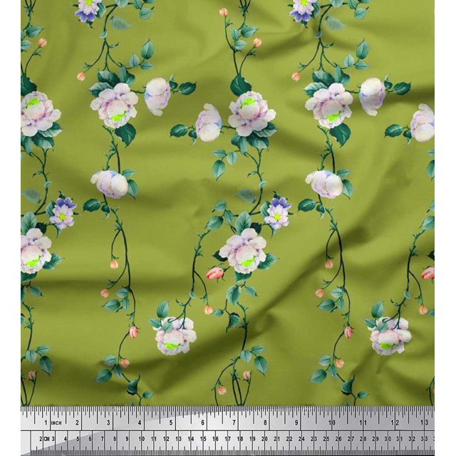 Soimoi Modal Satin Fabric Leaves & Peony Floral Decor Fabric Printed Yard 42 Inch Wide