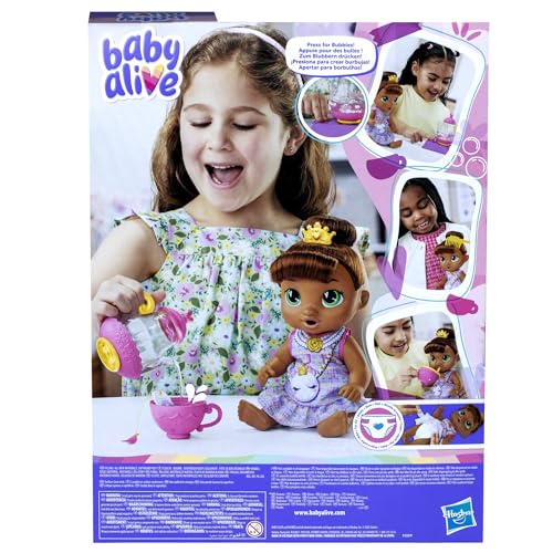Baby Alive Poupée Bubbly Tea Party Sophia avec Accessoires de Théière, Cheveux Bruns, 11 Pouces, Jouets pour Filles et Garçons de 3 Ans et Plus