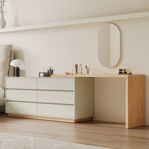 NessCarsti Bureau de Vanité en L extensible moderne avec 6 Tiroirs, Table d'ordinateur Beige réglable pour le bureau d'intérieur, Chambre, maquillage & Jeu